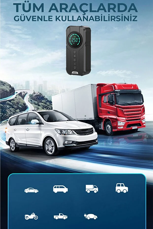 ROBO 4'ü 1 Arada Şarjlı Akü Ateşleyici Lastik Şişirici Powerbank Led Işık 150psi Yüksek Basınçlı